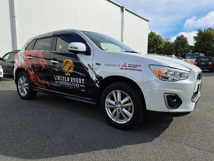 Wrap graphics on the company car for the Lincoln Rugby Club in Canterbury on a Mitsubishi ASX