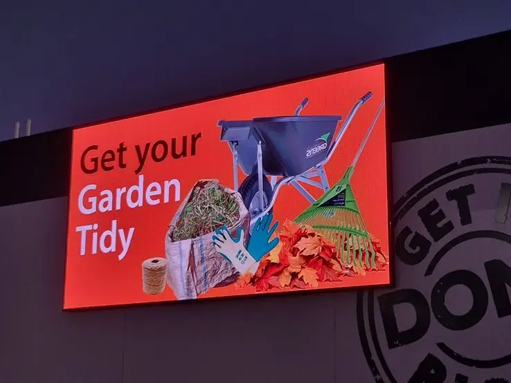 Durable, weather proof LED Screen on exterior wall of Mitre 10 Mega 