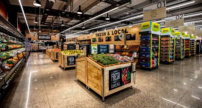 Custom interior wooden panel walls with 3D cut out signage for Fresh Choice supermarket interior retail fit outs.