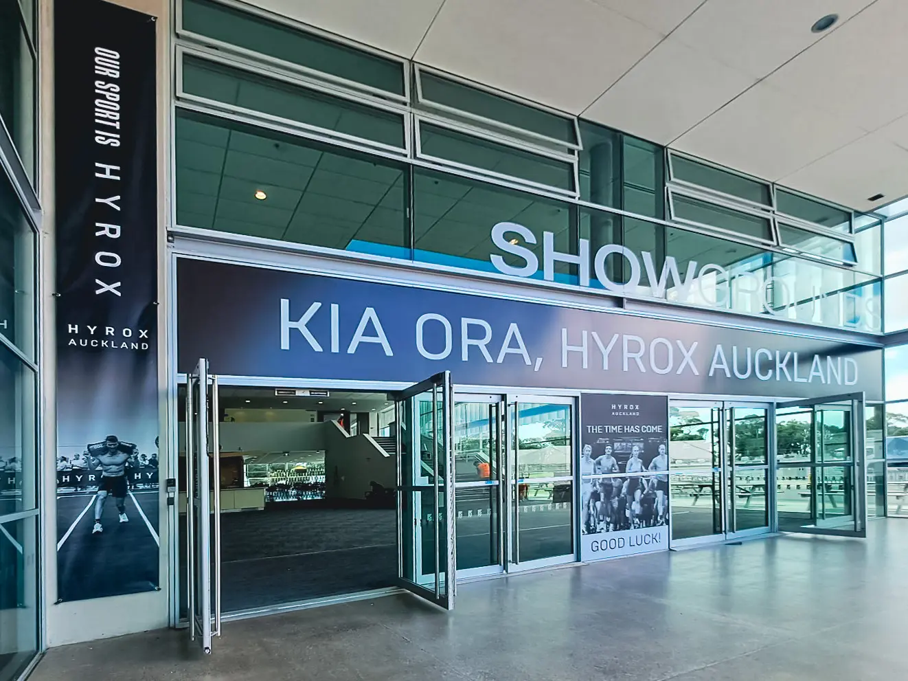 Entry door banners and side banner panels for Auckland Hyrox event.