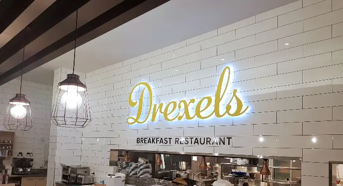 Illuminated back lit sign for restaurant fit out at  Drexels