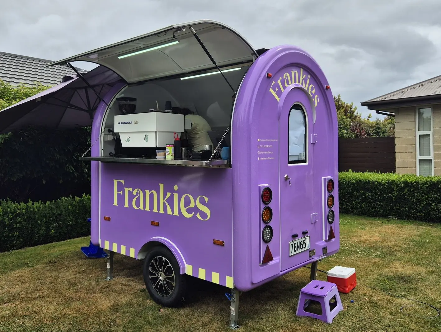 Purple and yellow full trailer branding wrap for Prebbleton based coffee cart Frankies coffee